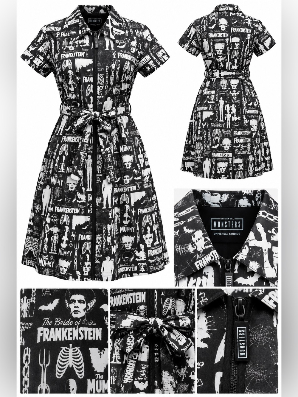 Rare 🖤 Universal Studios Classic Monsters Black & White Belted Shirt Dress – S